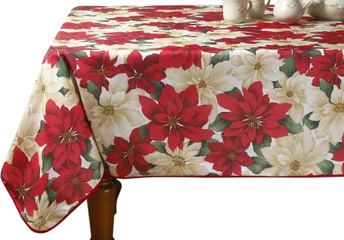 Vista 8 de Violet Linen Mantel con estampado floral de flor de pascua europea, color beige, 60 pulgadas, redondo