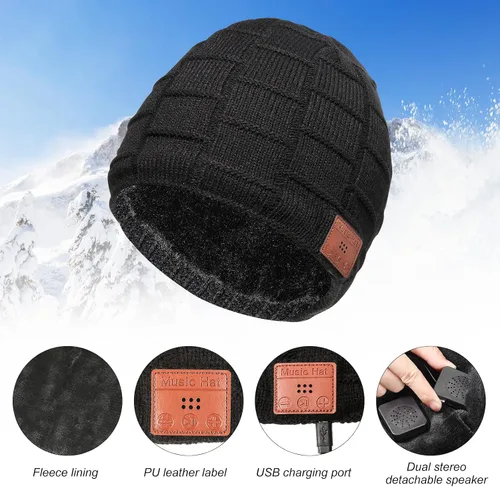 Vista 4 de Honoson El juego de gorros Bluetooth incluye 2 gorros inalámbricos con Bluetooth, guantes para pantalla táctil (negro, clásico)