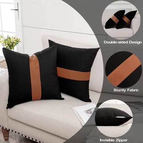 Vista 3 de Juego de 2 fundas de almohada negras y marrones de 18 x 18 pulgadas, fundas de almohadas modernas con rayas estilo granja para sofá, sala de estar