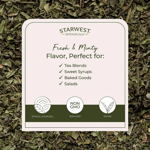 Vista 3 de Starwest Botanicals Hojas de menta orgánicas cortadas y tamizadas, hierba de hojas sueltas secas para té, mezclas de hierbas, hornear y cocinar, sin