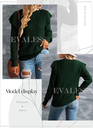 Vista 3 de EVALESS Suéteres de cuello redondo para mujer, con textura, con volantes, sueltos, de punto grueso