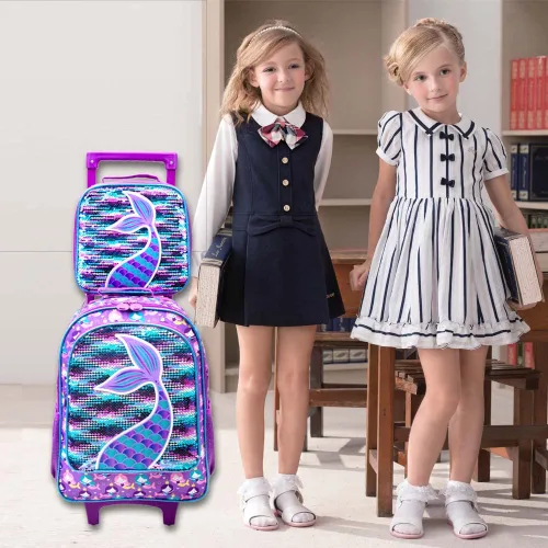 Vista 9 de 3 mochilas con ruedas para niñas, mochila escolar con ruedas y bolsa de almuerzo, sirena
