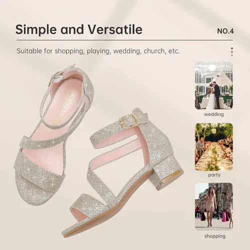 Vista 6 de Sandalias para niñas, tacones para niños, puntera abierta, correa al tobillo, zapatos de vestir, flores para boda, fiesta para niños pequeños