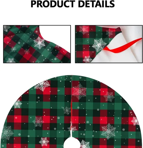 Vista 5 de Falda de árbol de Navidad, tapete de árbol de Navidad a cuadros rojos y verdes para casa de campo, Año Nuevo, festividades, fiestas, decoraciones