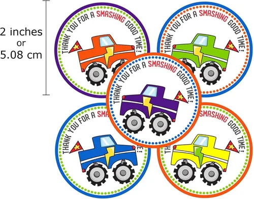 Vista 2 de Etiquetas adhesivas con texto en inglés "Thank You" de Monster Truck – Etiquetas de regalo para fiesta de cumpleaños de niños – Juego de 30
