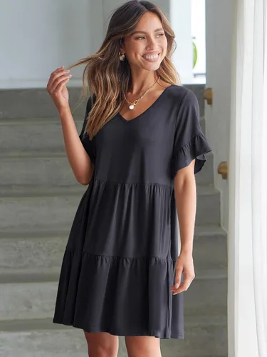 Vista 8 de ANRABESS Vestido de verano para mujer, con cuello en V, manga corta, con volantes, acampanado, escalonado, casual, minivestido de playa con bolsillos