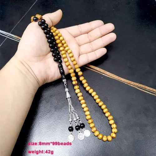 Vista 4 de ALBASHAN Tasbih - Cuentas de madera de haya natural con ónix 99/100 cuentas de oración musulmana misbaha, regalo de Ramadán Eid