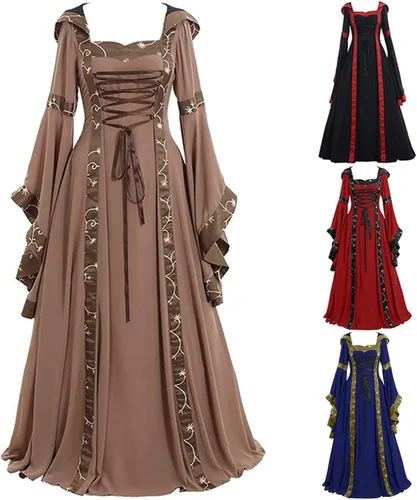 Vista 3 de Vestido medieval para mujer, disfraces renacentistas vintage, vestidos de pirata, campesina, longitud hasta el suelo, vestidos largos de Halloween