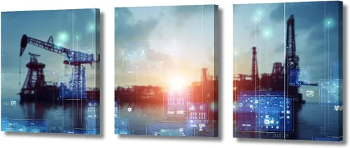 Vista 38 de TUMOVO Bombas de aceite en la puesta de sol para dormitorio, industria de petróleo y gas, pinturas de pared de 3 piezas de arte de pared de petróleo