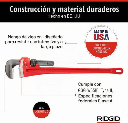 Vista 5 de RIDGID 31045 Llave de tubería recta modelo 60 resistente, llave de fontanería de 60 pulgadas, rojo, mediana