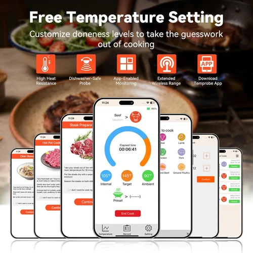 Vista 4 de TechRise Termómetro inalámbrico Bluetooth para carne con aplicación, termómetro digital inalámbrico para horno, ahumador, freidora de aire, cocina
