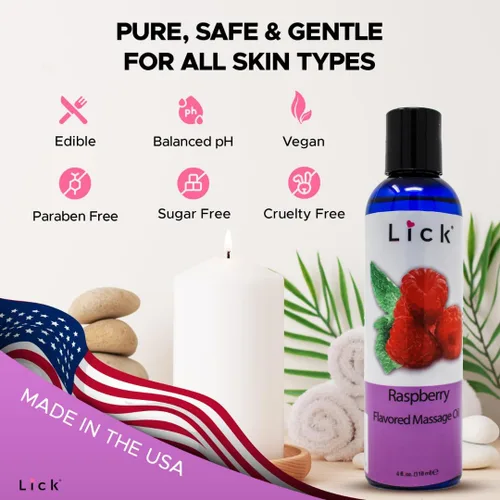 Vista 9 de Lick Aceite de masaje con sabor a frambuesa, aceite de masaje comestible de bayas brillantes con aceite de almendras dulces y vitamina E