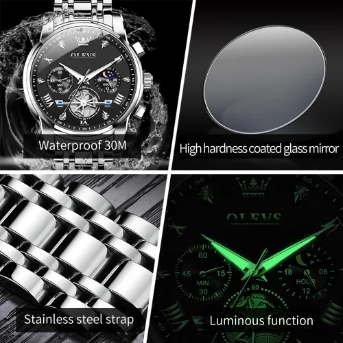 Vista 5 de OLEVS Watches for Men Dress Watch Chronograph Luxury Stainless Steel Big Face Men Watches Multi-Function Easy to Read Diamond Roman Numerals