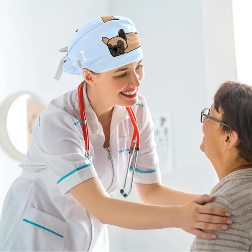 Vista 6 de Gorro de trabajo + gorro de amarre para el cabello, gorro de atadura con banda para el sudor, gorro de uniforme médico Bulldog francés para cachorros