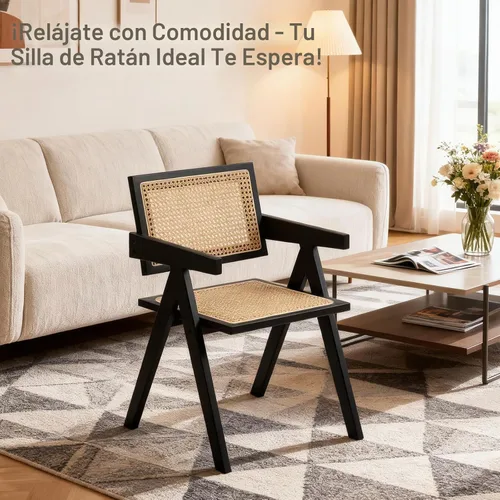 Vista 8 de Furlide Juego de 2 sillas de comedor de ratán, sillas de comedor modernas de mediados de siglo con brazos, sillas de bambú para exteriores
