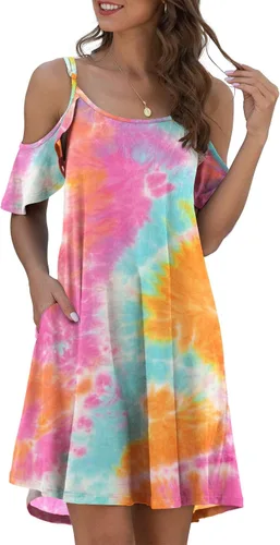 Vista 3 de Jouica Vestido de verano casual con tirantes delgados para mujer, hombros descubiertos, mangas con volantes y bolsillo