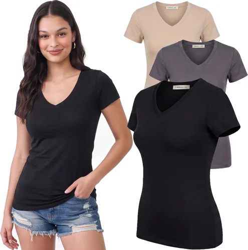 Vista 203 de Emmalise Camiseta de manga corta para mujer, cuello en V, tallas junior y plus