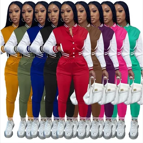 Vista 3 de Sweatsuits for Women Set 2 Piece Patchwork Tracksuits Button Down Crop Bomber Varsity Jacket Pants Set Sexy