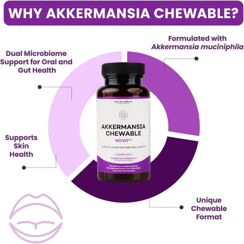Vista 2 de Suplemento probiótico y prebiótico masticable Akkermansia NOVO 2.0 con HMO, apoya el microbioma intestinal y oral, suplementos para la salud