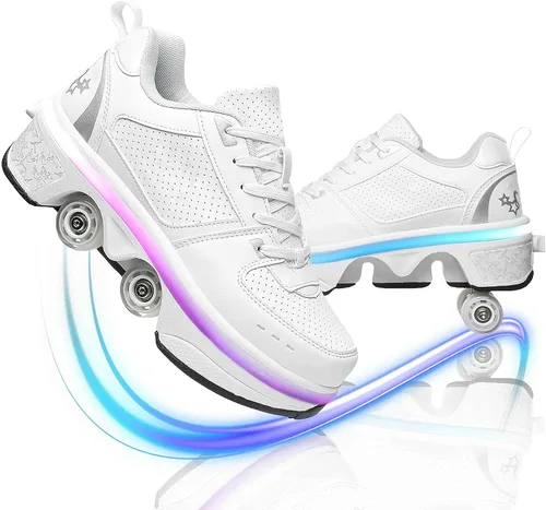 Vista 14 de Zapatos de patinaje convertibles para hombres y mujeres, zapatos de paseo automáticos para niños y adultos, patines con doble fila de ruedas, ruedas