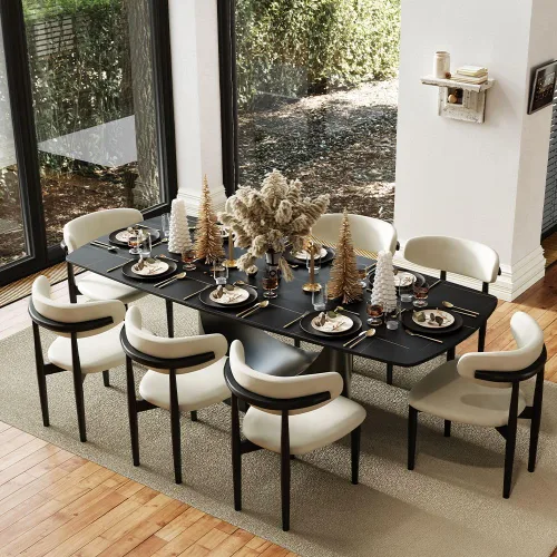 Vista 26 de POVISON Juego de mesa de comedor para 4, mesa rectangular negra de piedra sinterizada mate de 63 pulgadas con base de acero al carbono bronce, silla