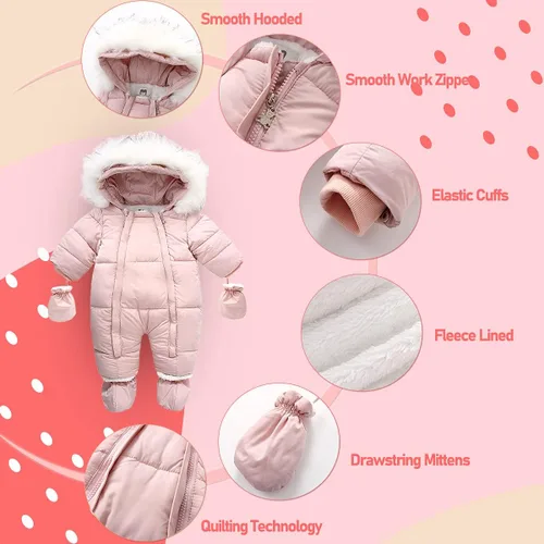 Vista 3 de Traje de nieve de invierno para bebé, con cremallera, abrigo con capucha y guantes