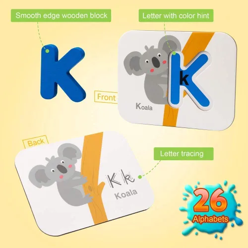 Vista 4 de Coogam Juego de Tarjetas Flash de Números y Alfabetos - Letras y Números de Madera ABC y Tablero con Patrón de Animales Juego de Rompecabezas