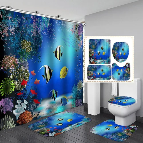 Vista 12 de OLEBETY - Juego de 4 cortinas de ducha con diseño de delfín, medusas de peces tropicales, algas marinas, vida marina, animales marinos, decoración
