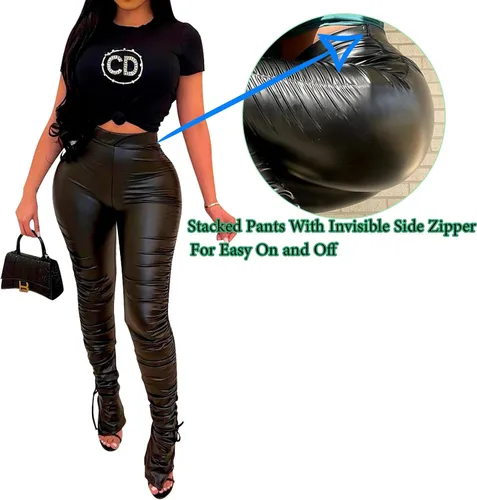 Vista 2 de Leggings de cuero sintético para mujer, mallas de cuero plisadas de cintura alta, pantalones apilados con dobladillo dividido