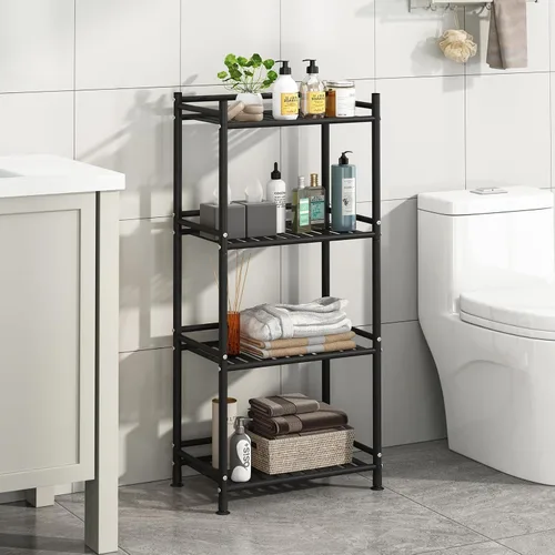 Vista 6 de Esquinero de almacenamiento de 4 niveles para el baño, estante abierto de pie, estante de esquina de metal para la cocina, salón, pasillo