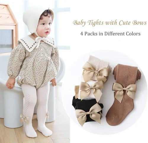 Vista 3 de Medias de punto trenzado para bebé niña con lazo sin costuras, mallas de algodón para bebés