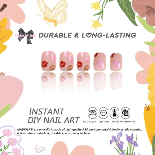 Vista 2 de Uñas postizas a presión para San Valentín, uñas postizas cortas cuadradas MABKJLF nude con diseños de labios, cobertura completa, pegamento