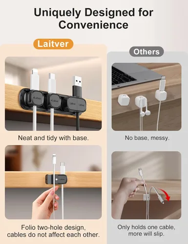 Vista 3 de Paquete de 6 clips magnéticos para cables [apertura/bloqueo en 1s], organizador y sujetador de cables Laitver con adhesivo fuerte para escritorio