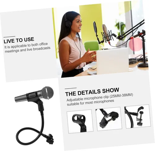 Vista 4 de Soporte de micrófono de cuello de cisne ajustable para escritorio, transmisión en vivo, soporte de micrófono negro, brazo flexible y base compatible