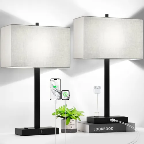 Vista 24 de Lynnoland Juego de 2 lámparas de noche de 21 pulgadas con tomas USB A+C y CA, control táctil, regulables de 3 vías, para dormitorio, sala de estar