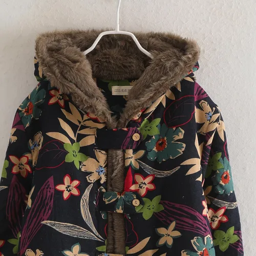 Vista 8 de LZJN - Abrigo cálido para mujer, con estampado floral, chaqueta larga de algodón y lino, vintage, con capucha, acolchado para invierno