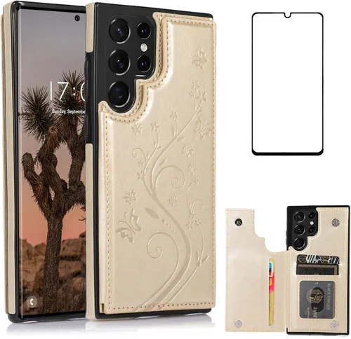 Vista 11 de Asuwish Funda para Samsung Galaxy S22 Ultra con protector de pantalla de vidrio templado, funda de cuero con soporte para tarjetas, doble cierre