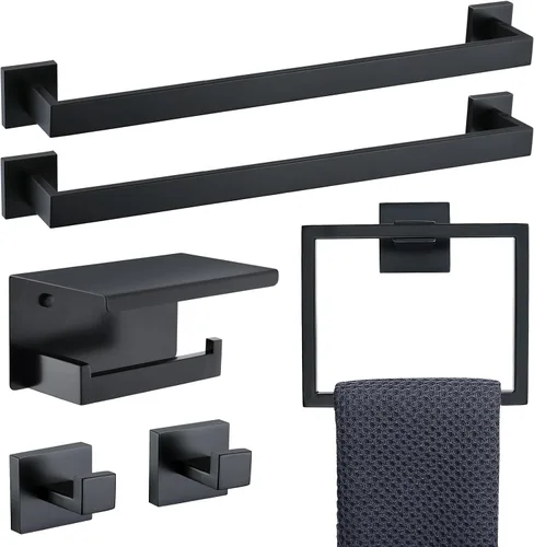 Vista 11 de Juego de Barras Portotoallas Negro Mate de 5 Piezas, Juego de Accesorios de Ferretería para Baño, Juego de Portotoallas Moderno de 23.6 Pulgadas