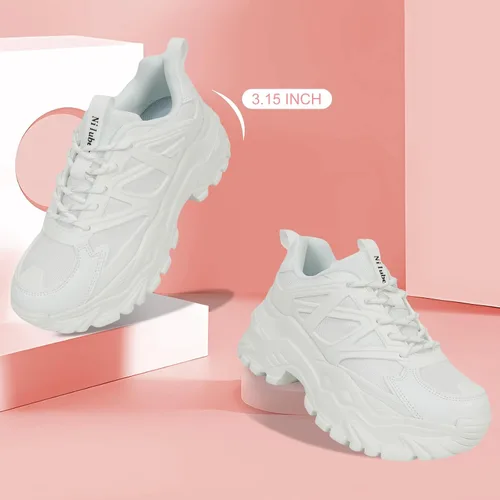 Vista 6 de Zapatos deportivos gruesos para mujer, con plataforma de malla blanca, cómodos, transpirables, informales, a la moda, para correr