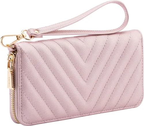 Vista 11 de Brentano Cartera delgada de cuero vegano con cremallera única bordada Chevron con correa extraíble para la muñeca Beige almendra