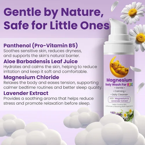 Vista 2 de Gel de baño de magnesio para niños Gel de baño de magnesio para dormir, relajación y noches tranquilas Limpiador calmante con lavanda