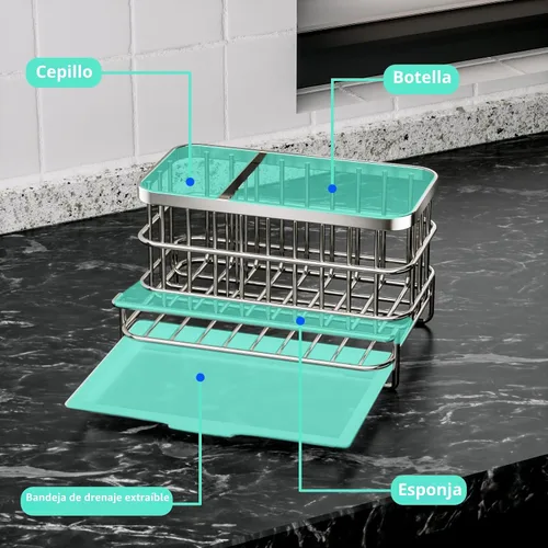 Vista 2 de HapiRm Organizador de Fregadero de Cocina, Acero Inoxidable SUS304 Antióxido Multifuncional Caddy Grande para Fregadero con Portaesponjas y Bandeja