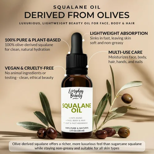 Vista 2 de Aceite de escualano - Aceite facial 100% puro y natural derivado de plantas, botella de vidrio de 1 onza líquida y cuentagotas - Aceite hidratante