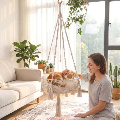 Vista 6 de Beige Breathable Boho Hanging Cat Hammock, Cat Swing Bed, Soft Indoor Hanging Bed, Cozy Pet Swing, Hammock, Relaxing Furniture