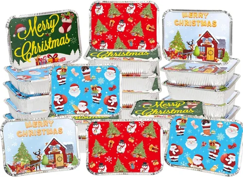 Vista 3 de WorldBazaar Recipientes de aluminio de Navidad con tapas, 36 latas de papel de aluminio desechables de Navidad, recipientes rectangulares