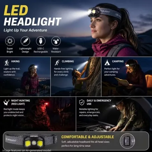 Vista 2 de HOKOILN Linterna frontal recargable de 1400 lúmenes, lámpara LED roja verde blanca para caza y pesca, faro con sensor de movimiento con 14 modos
