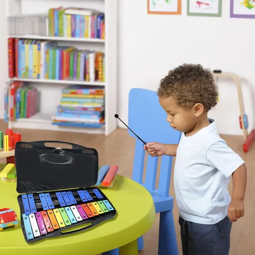 Vista 7 de Soulmate Xilófono Glockenspiel de 25 notas para niños, juguete musical colorido con teclas de metal, instrumento xilófono profesional con estuche