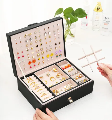 Vista 5 de QBestry Organizador de aretes de tuerca para mujeres y hombres, caja de joyería negra para aretes, collar, organizador de joyas, caja de aretes