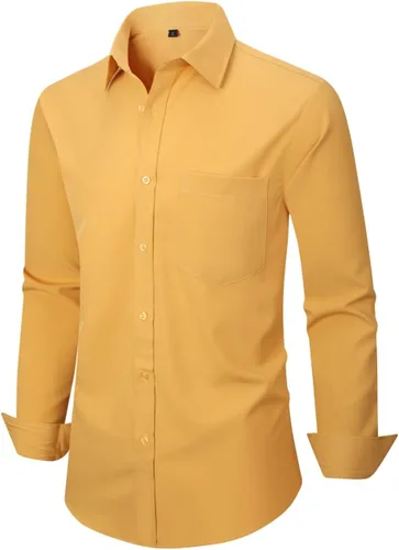 Vista 52 de corfty Camisa de vestir de manga larga para hombre, ajuste regular, elástica, sin arrugas, casual, con botones