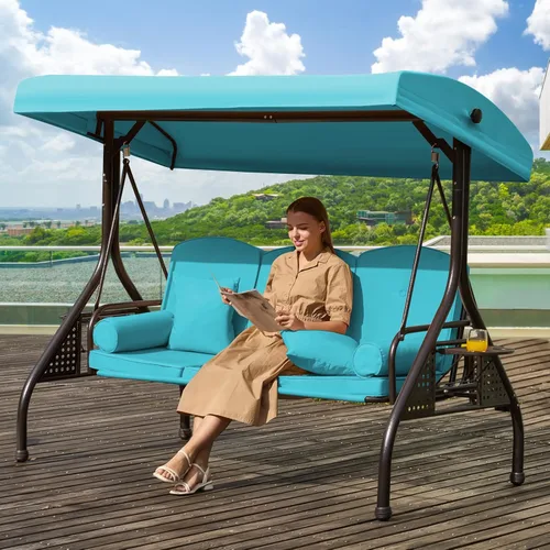 Vista 14 de Columpio de porche para exteriores 3 en 1 con toldo ajustable, columpio de 3 asientos para adultos, columpio de patio con cojines gruesos, almohadas